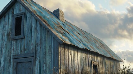 Vintage Wooden Building with Blue Sheet Metal Roof - Architectural Design Inspiration
