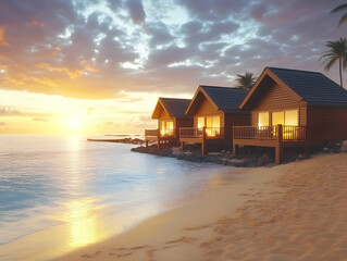3D Illustration Tropical Beach Houses Sunset Ocean View