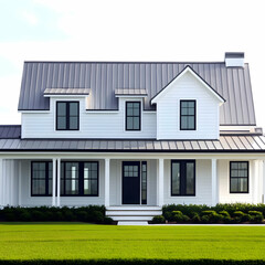 Fototapeta premium Photo Modern Farmhouse Exterior, White Siding, Metal Roof, Green Lawn