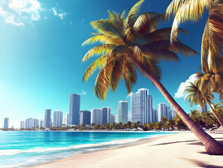 Obraz premium 3D Illustration Tropical Beach, Palm Trees, Ocean, Cityscape, Sky