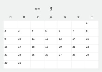 2025年(令和7年) シンプルなカレンダー 3月, ベクター, テンプレート, グレー