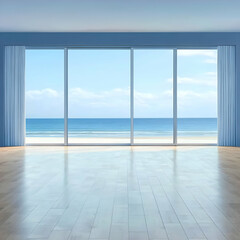 Fototapeta premium 3D Illustration Empty Room Beach View Ocean Sky Clouds Curtains Wood Floor