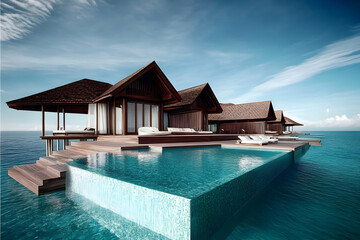 Fototapeta premium 3D Illustration Luxury Overwater Bungalow Resort, Pool, Ocean, Travel