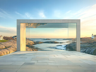 Fototapeta premium Photo Coastal Mirror Art Installation Ocean View Sunset Sky Clouds Rocks Architecture