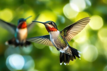 Naklejka premium Two hummingbirds in flight, blurred green background.
