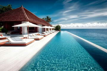 Fototapeta premium Photo - Infinity Pool Luxury Resort Ocean View Relaxation Tropical Paradise Travel Destination Vacation