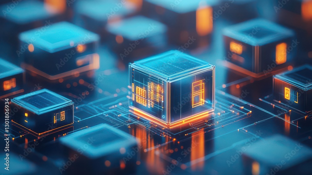 Poster intricate computer processor surrounded by numerous small cubes in a high-tech setting highlighting 