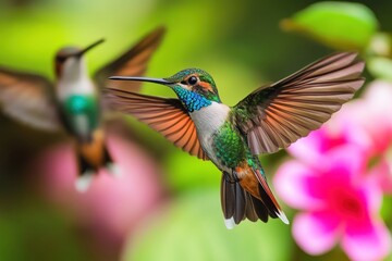 Two hummingbirds in flight near pink flowers.