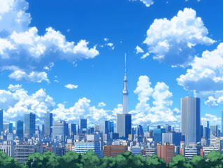 Naklejka premium Illustration Cityscape Sunny Day Tower Buildings Trees Clouds Blue Sky Urban Scene