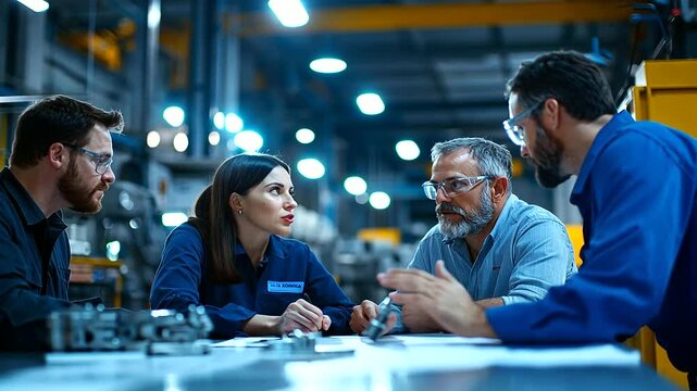 Engineers collaborate on innovative engine design solutions in a high-tech industrial setting.