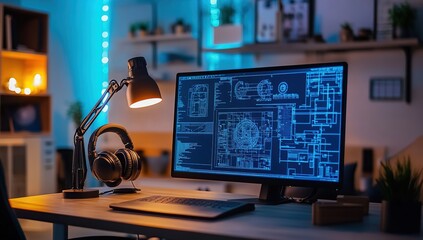 Blue Lit Home Office Workspace with Computer and Headphones