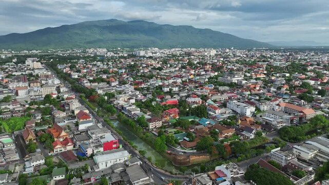 Chiang Mai, Thailand - Aerial drone video of Chiang Mai&rsquo;s old city above one of the corners of the old moat and wall surrounding the historic city
