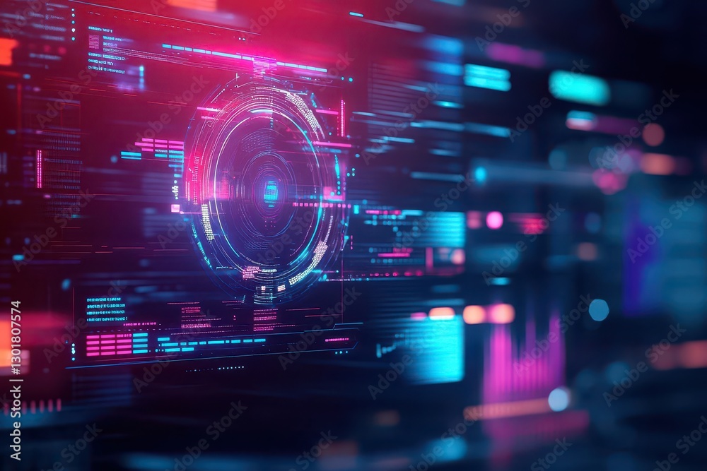 Poster futuristic interface featuring a circular screen with vibrant colors and dynamic elements in a high-