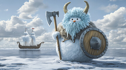 Snowman Viking with Axe and Shield on Icy Sea Landscape with Medieval Ship and Cloudy Sky in Winter