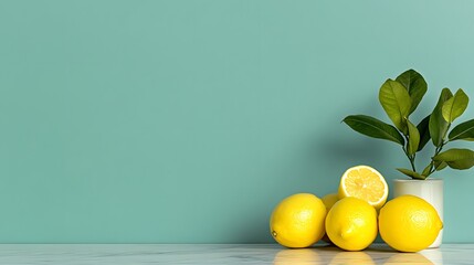 Fresh Lemons and Green Leaves on Marble Surface Against Blue Wall