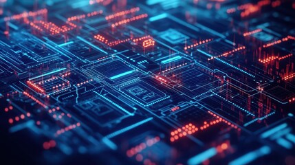Obraz premium Intricate Computer Circuitry Illuminated by Vibrant Red and Blue Lights Creating a Futuristic and Technological Atmosphere in Modern Digital World