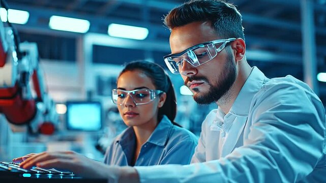 Collaboration between engineers and robots in a cutting-edge tech factory.