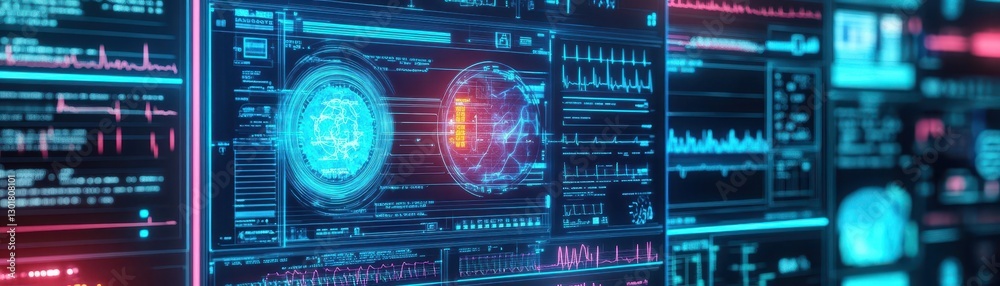 Poster futuristic digital interface displaying advanced technology features and virtual elements in a sleek