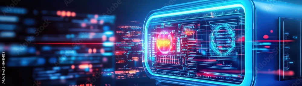 Poster illuminated computer screen casting a soft glow in a dimly lit room creating a modern and techy atmo
