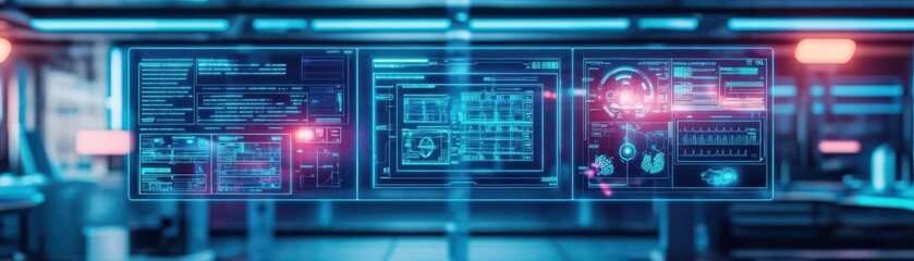 Fototapeta premium Futuristic Digital Interface Displaying Advanced Technology Features Against a Vibrant Blue Background Evoking Innovation and Modern Aesthetics in Design