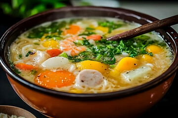 Photo Hot Nutritious Soup Carrots Shrimp Parsley