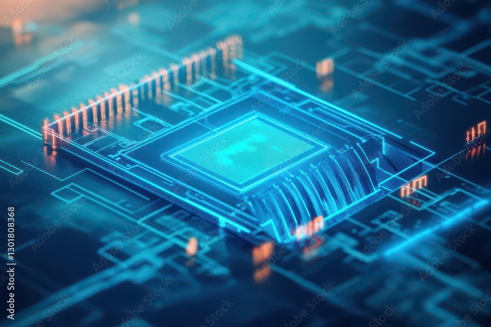 Poster close up of a computer chip on a circuit board showcasing intricate details and technology with a fo