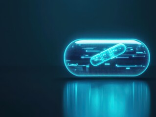 A Bright Glowing Blue Pill Illuminating a Dark Surface with a Soft Radiance Evoking Mystique and Enigma in a Minimalistic and Abstract Setting