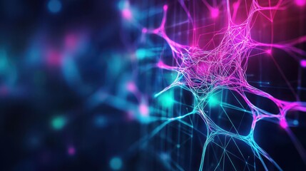 Vibrant Nerve Cells Illuminated with Pink and Blue Lights Showcasing Intricate Neuron Structures in a Colorful and Dynamic Biological Environment