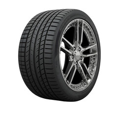 High-performance car tire with chrome rims on white background