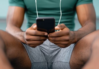 Young Man Listening to Music on Phone While Sitting in Workout Gear