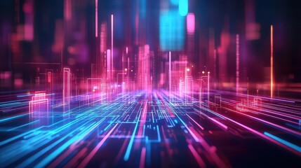 Vibrant Urban Nightscape Illuminated by Colorful Neon Lights Reflecting on Rainy Streets Creating a Dynamic and Lively City Atmosphere