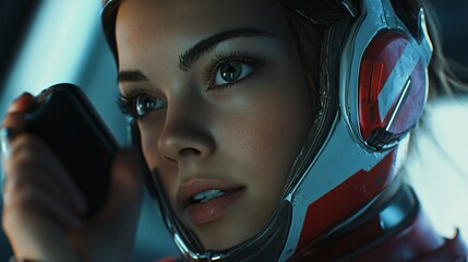 Professional woman in costume talking on cell phone, detailed digital illustration
