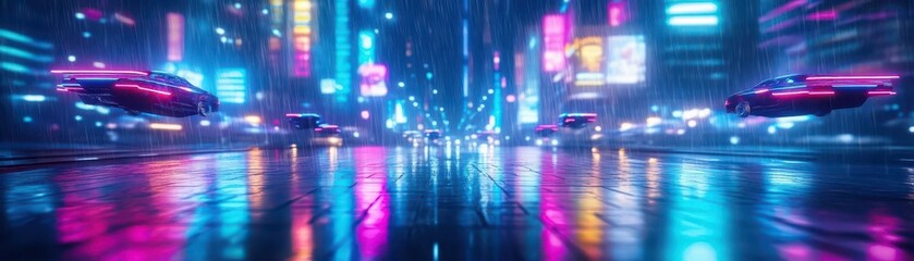 Fototapeta premium Vibrant Futuristic Cityscape with Neon Lights Illuminating Skyscrapers and High-Tech Vehicles Creating a Dynamic and Energetic Urban Atmosphere