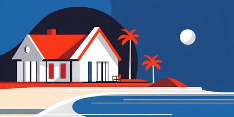 Illustration Beach House, Palm Trees, Moonlit Night