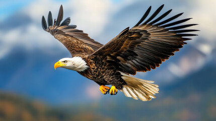 Obraz premium Majestic bald eagle soaring over mountains with dramatic clouds