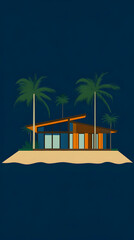 Obraz premium Illustration Tropical Island House, Palm Trees, Ocean