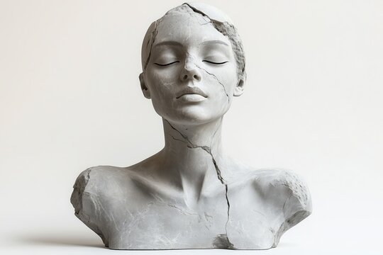 Damaged stone bust statue depicting a woman head with large cracks in the marble or sandstone.