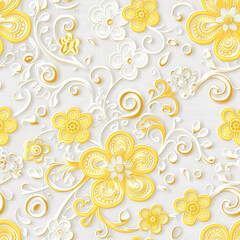 Bright yellow and white floral pattern with intricate designs and textures, featuring various flowers and swirls, creating cheerful and elegant atmosphere
