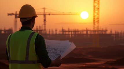 Construction Worker Evaluating Blueprints During Sunset at Job Site