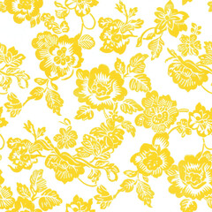 Bright yellow floral pattern on white background, featuring intricate flowers and leaves, perfect for fabric or wallpaper design