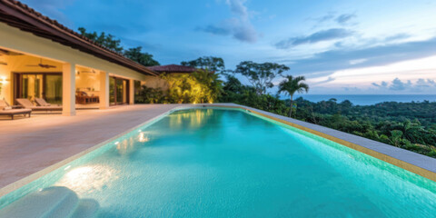 Fototapeta premium Country contemporary cottage exterior with outdoor pool. Pool with underwater evening seating. Pool lighting.