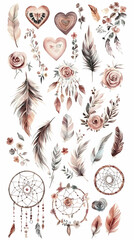 Naklejka premium Watercolor Illustration Dreamcatcher Feathers Flowers Hearts Boho Chic