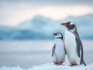Obraz premium Charming Scene of Two Penguins Standing on Glacial Ice in a Pristine Arctic Environment Surrounded by Icy Waters and Soft White Snow Under Clear Sky