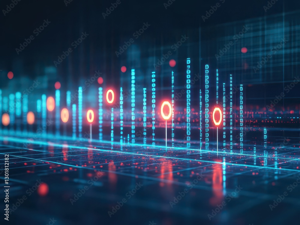 Poster futuristic digital interface displaying bright red circular element surrounded by abstract technolog