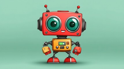 Fototapeta premium Cheerful Red Robot: A Digital Illustration Against a Teal Background AI Generated