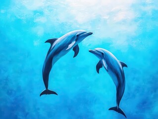 Fototapeta premium Two Playful Dolphins Swimming Gracefully in the Vibrant Blue Ocean Under the Bright Sunlight Creating a Joyful and Lively Marine Scene of Nature