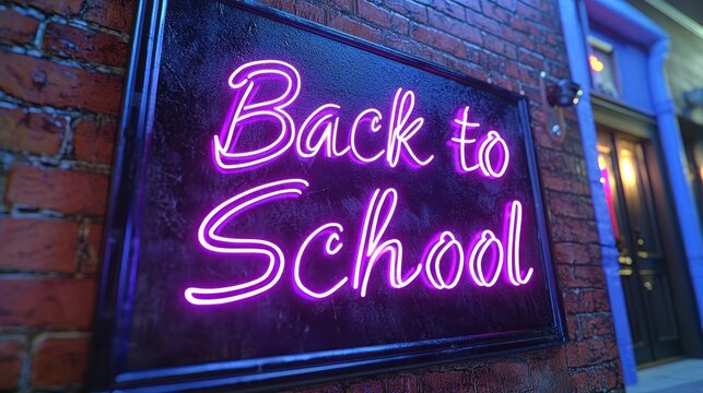 Back to School neon sign glows on a brick wall at night in an urban setting