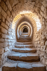 Medieval castle dungeon underground stone tunnel. Ancient corridor. Underground catacombs of a medieval historical castle.