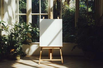 Blank canvas on easel in sunlit room surrounded by lush indoor plants