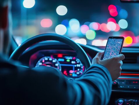 A person focused on using a smartphone while driving on a busy road highlighting the risks of distracted driving in a modern urban environment